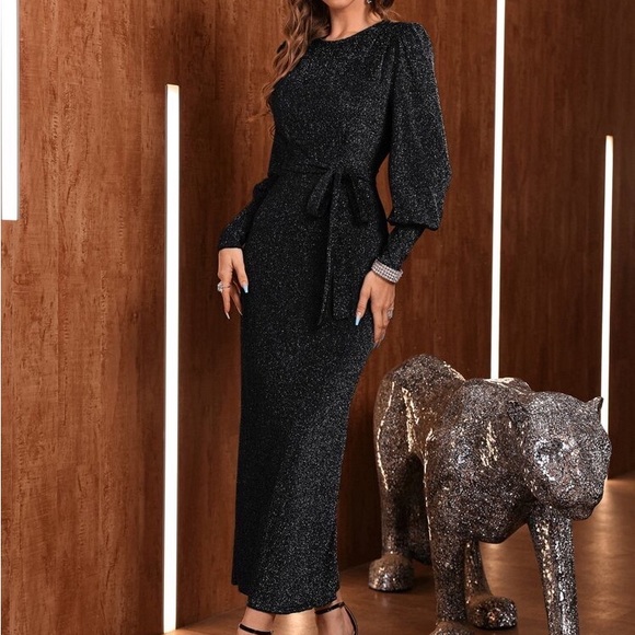 Black Bishop Sleeve Belted Glitter Maxi Dress New w/o Tags - Picture 2 of 5